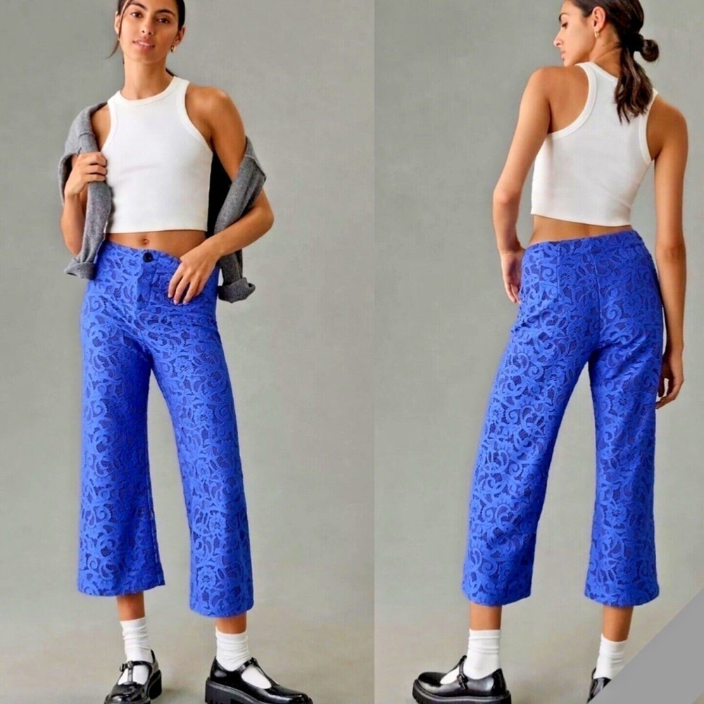 NWT ANTHROPOLOGIE The Colette Lace Crop Cobalt Blue Pants Sz 31